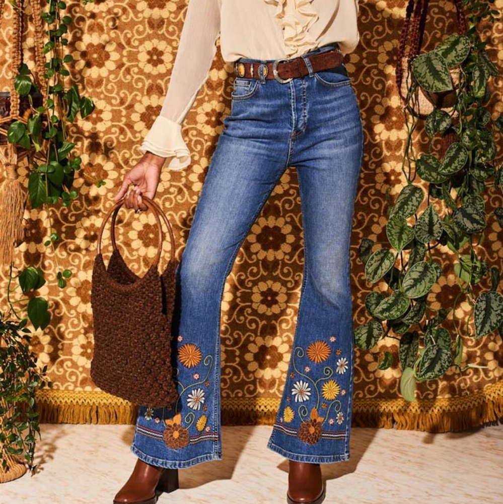 Embroidered Blue Flare Jeans